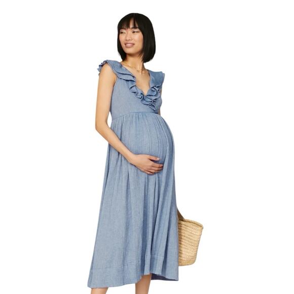 Hatch Sarah Maternity Dress Blue Smocked Ruffle Midi Cotton Elegant Size 0 (XS) - Picture 1 of 8